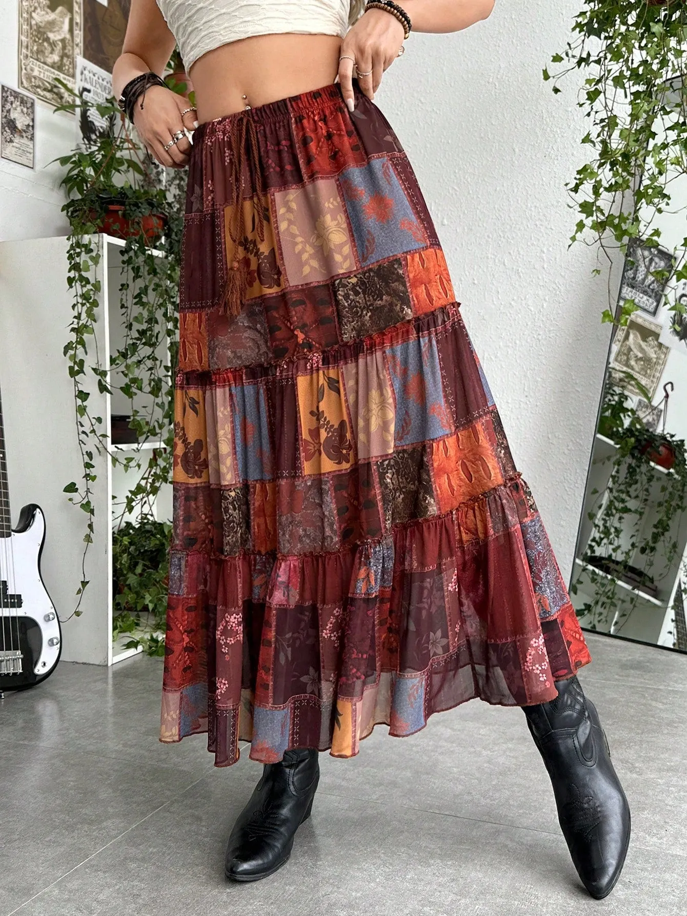 Hippie Grunge Patchwork Print Layered Hem Skirt