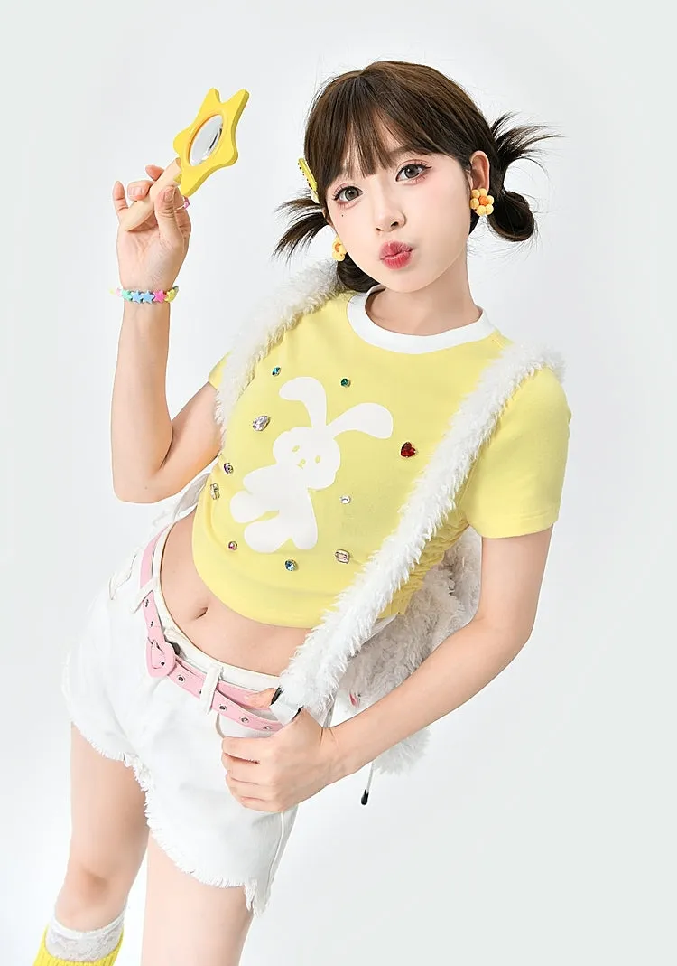 Kawaii Yellow Cartoon Rabbit Cropped T-Shirt