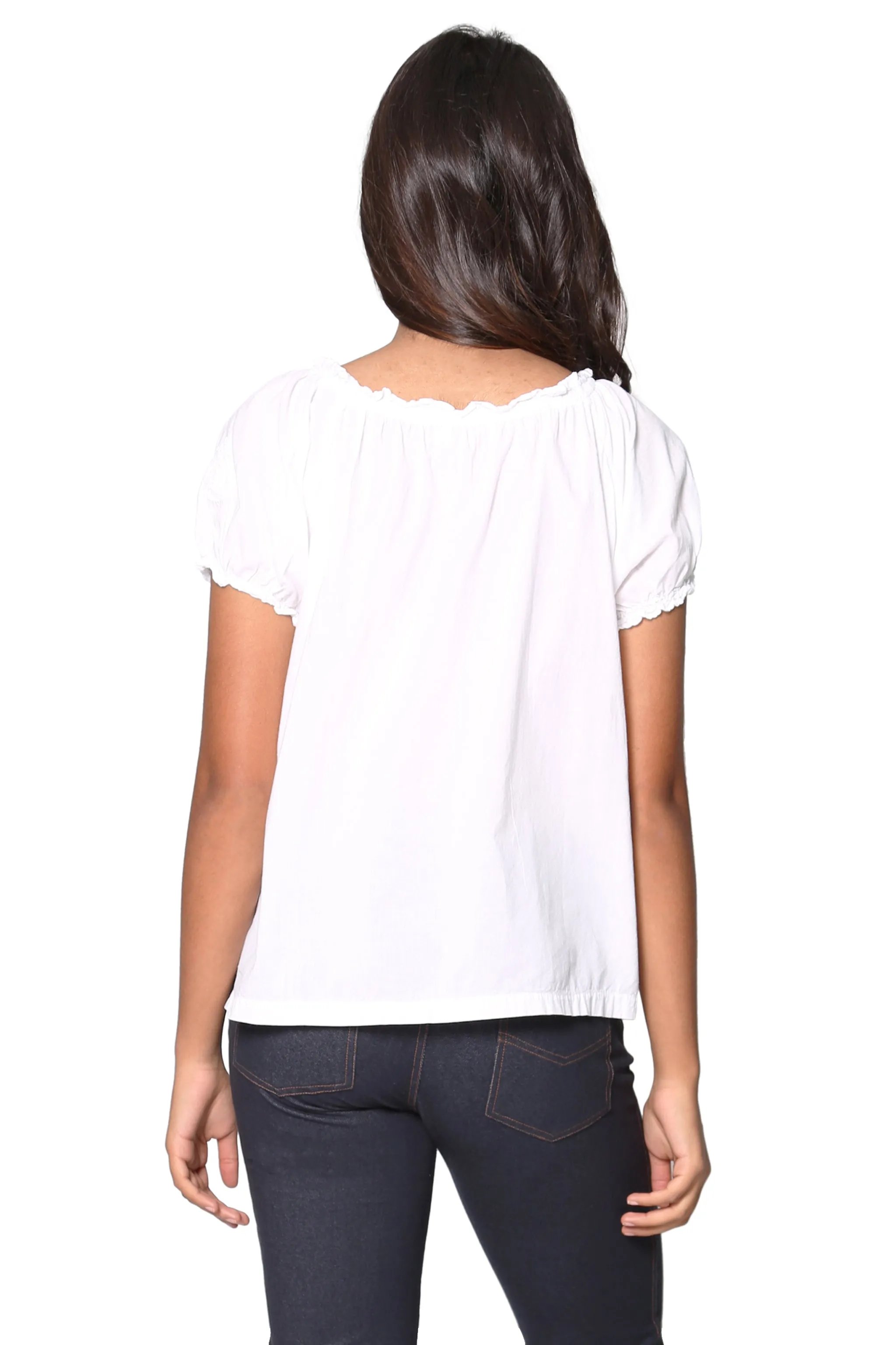 La Cera White Embroidered Short Sleeve Peasant Top