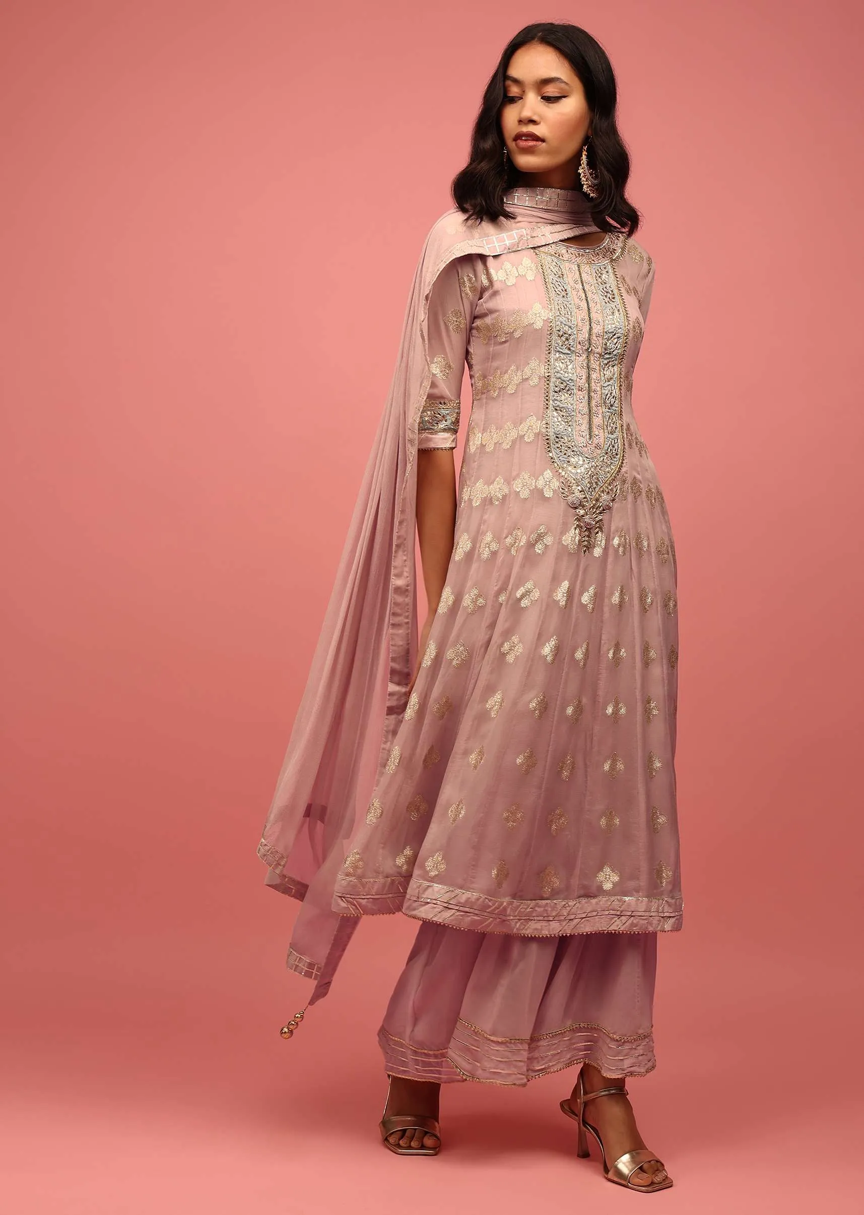 Onion Pink Anarkali Suit Set In Banarasi Georgette Brocade Work