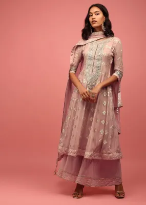 Onion Pink Anarkali Suit Set In Banarasi Georgette Brocade Work