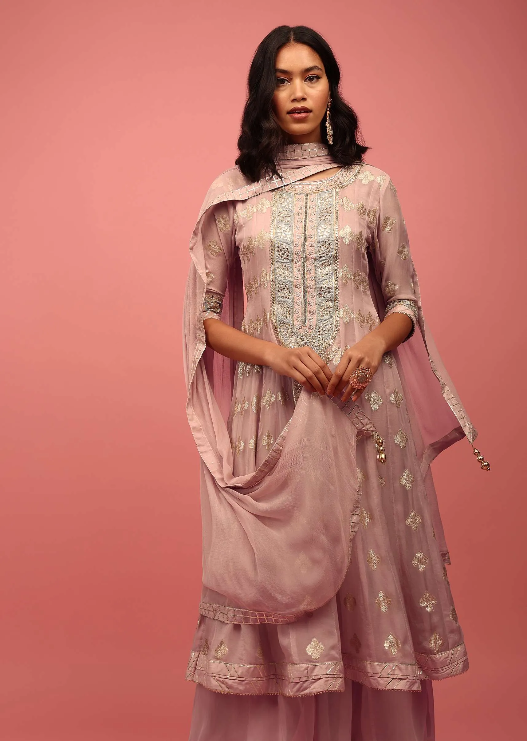 Onion Pink Anarkali Suit Set In Banarasi Georgette Brocade Work