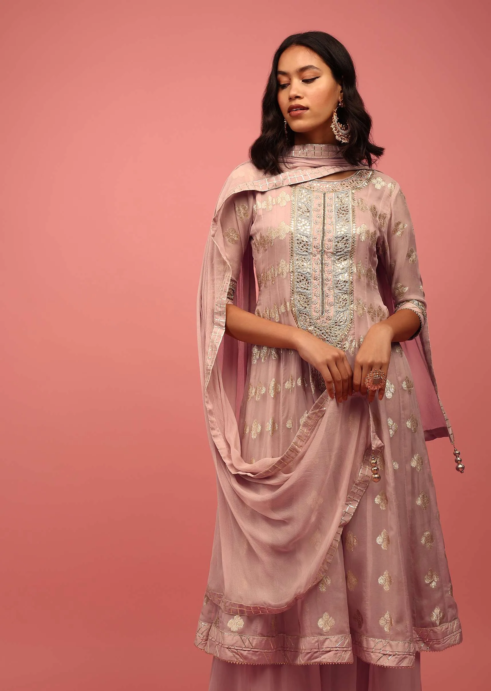 Onion Pink Anarkali Suit Set In Banarasi Georgette Brocade Work
