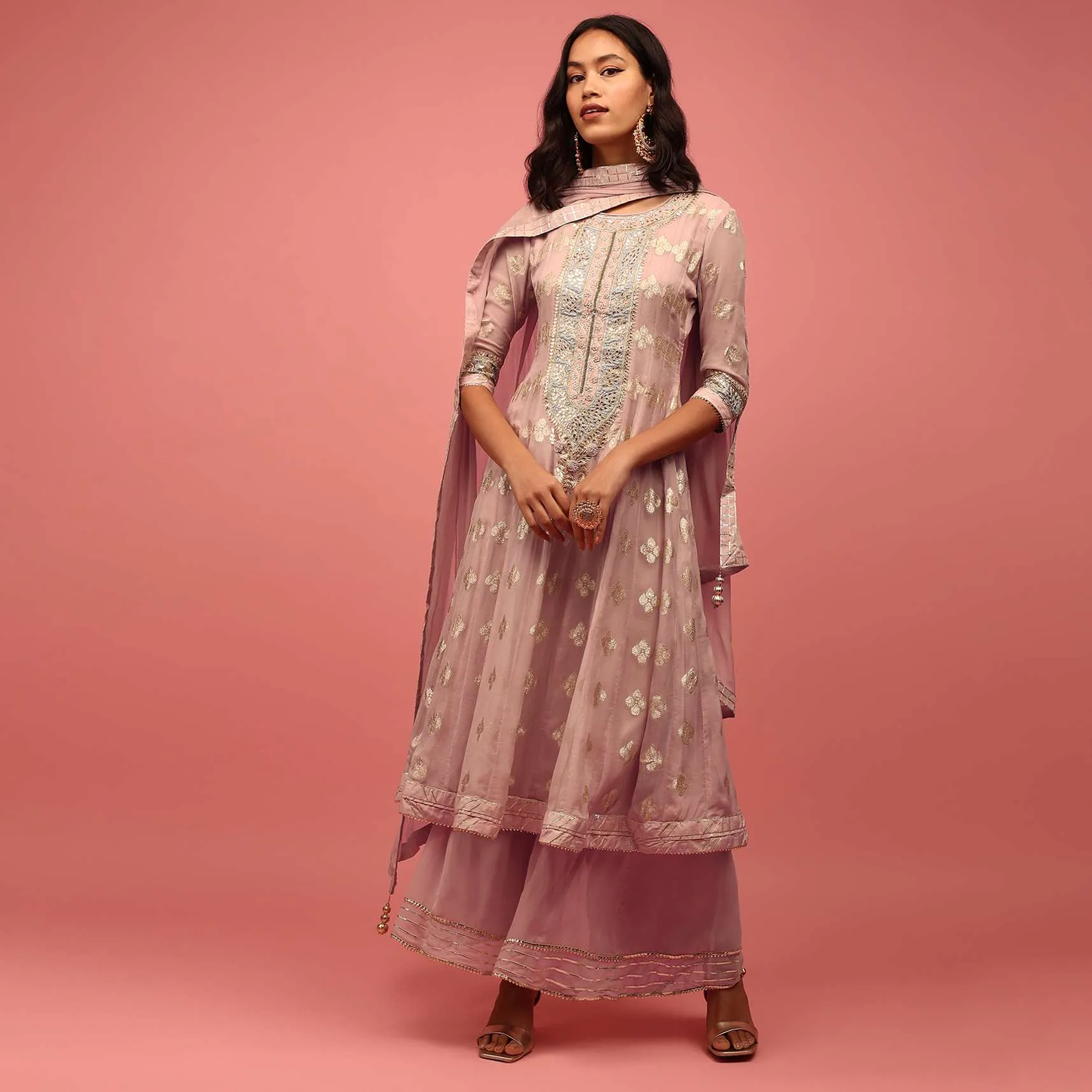 Onion Pink Anarkali Suit Set In Banarasi Georgette Brocade Work