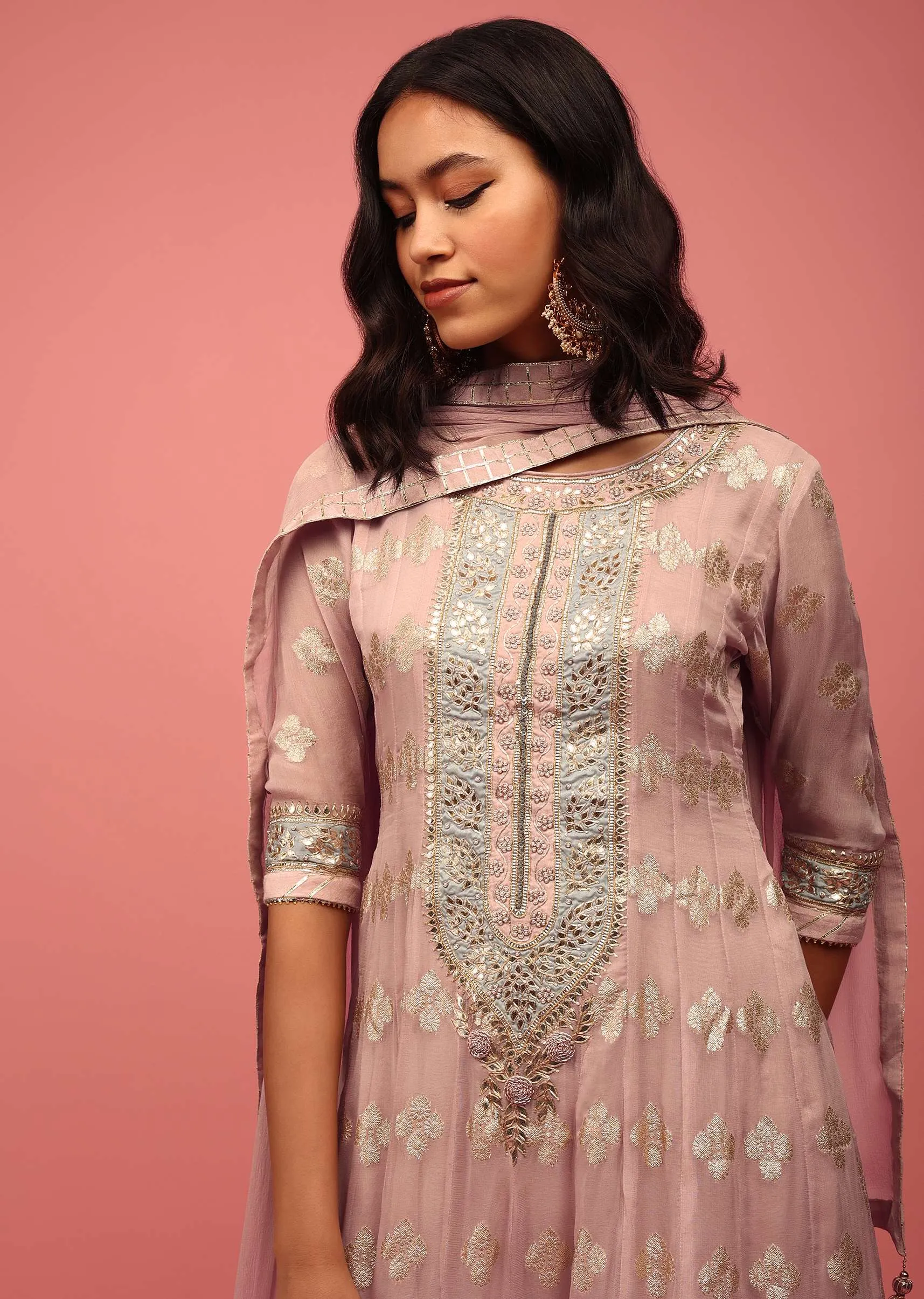 Onion Pink Anarkali Suit Set In Banarasi Georgette Brocade Work