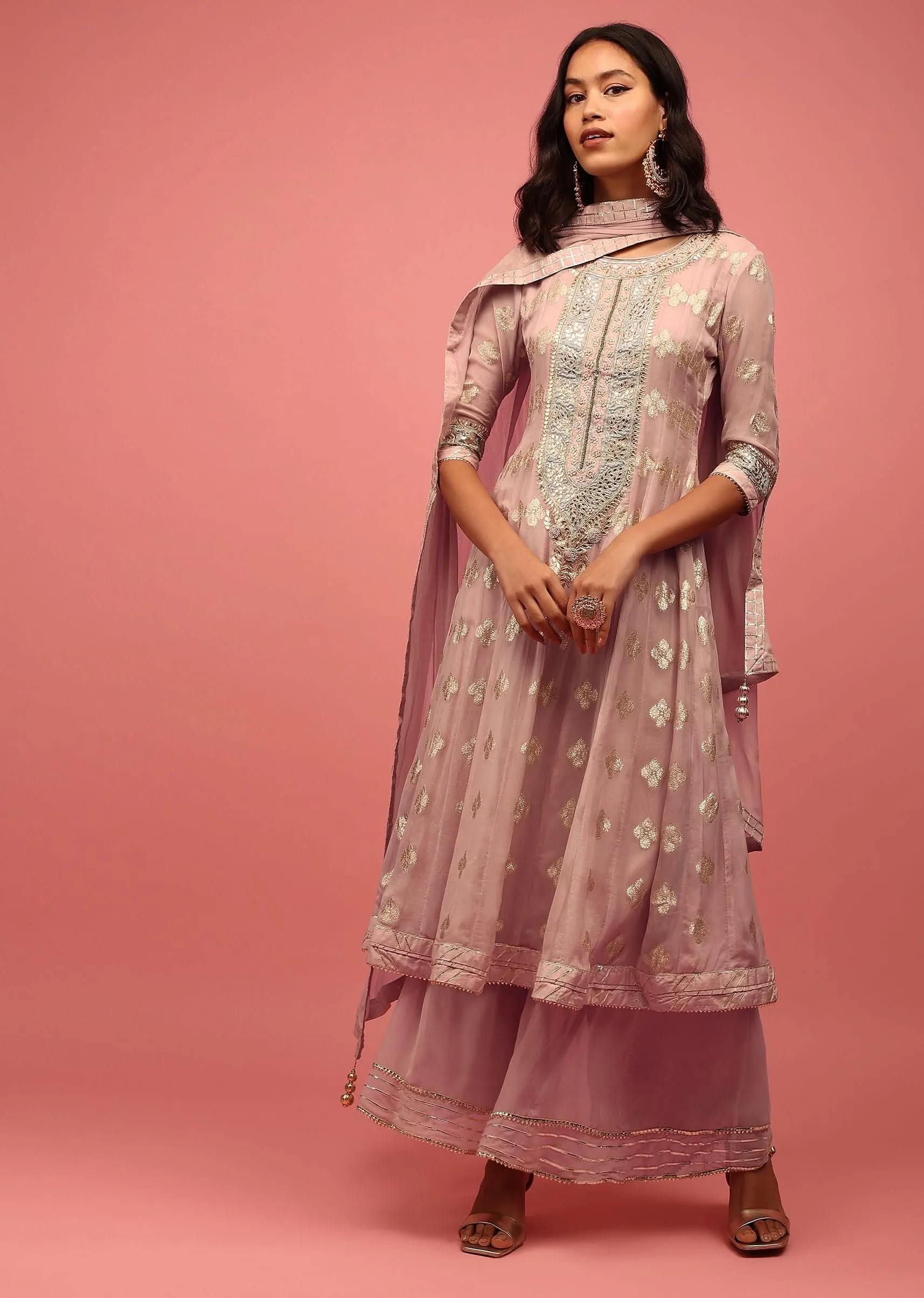 Onion Pink Anarkali Suit Set In Banarasi Georgette Brocade Work