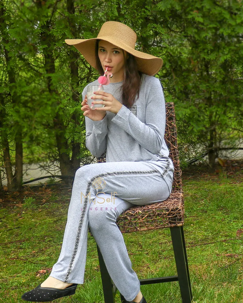Pierre Balmingo Paris Heather Grey Pajamas with Silver Rhinestone Pocket