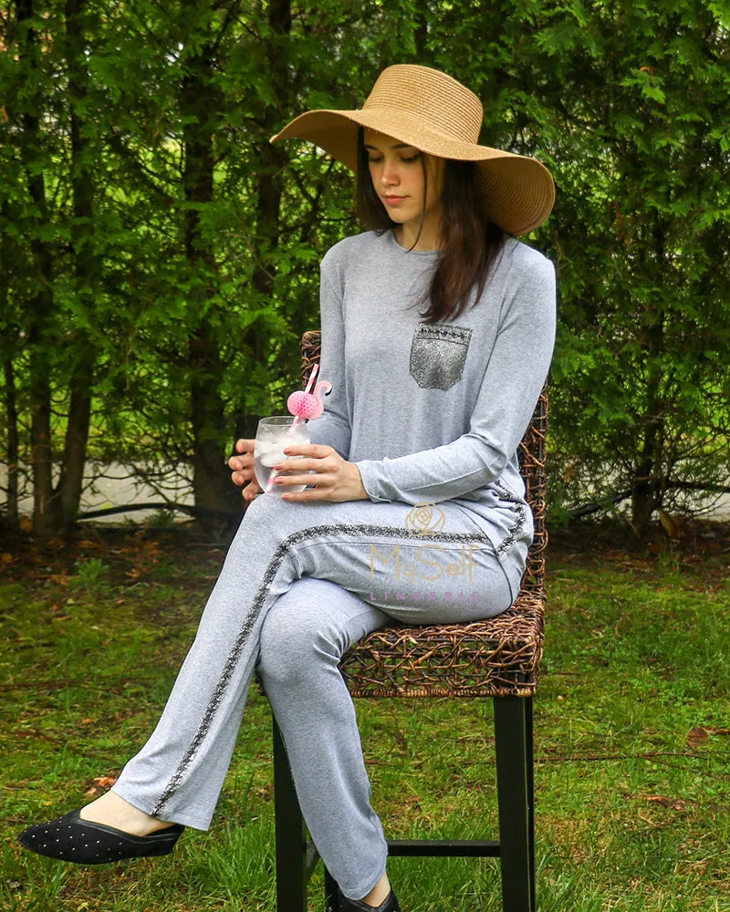Pierre Balmingo Paris Heather Grey Pajamas with Silver Rhinestone Pocket