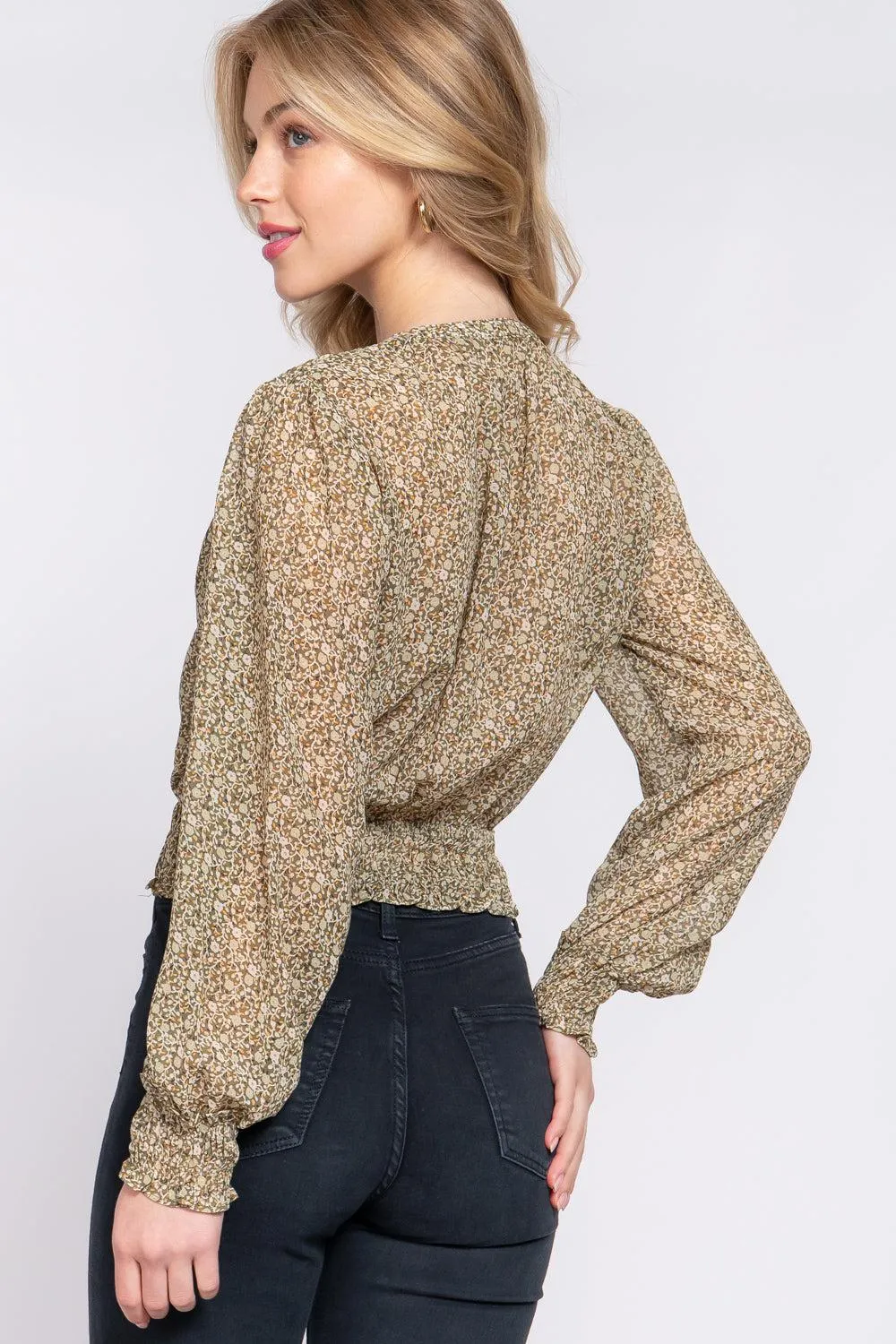 Steph Smocked Print Chiffon Blouse