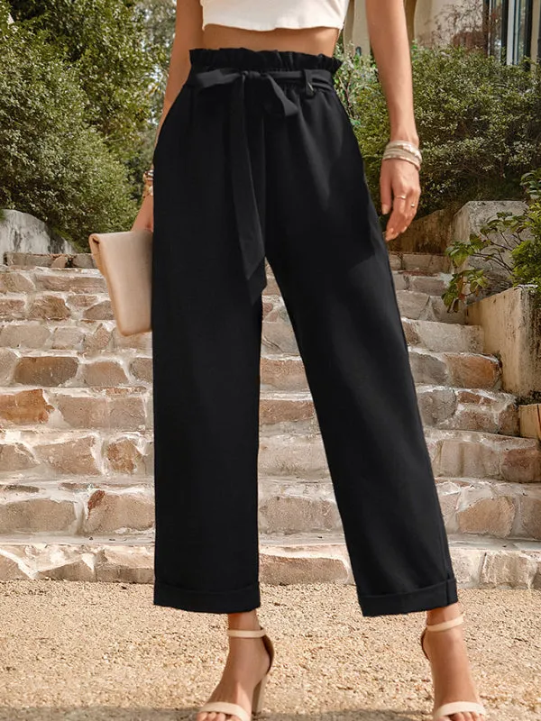Straight-Leg Trousers with High Waist and Waist-Tie Belt - Pants