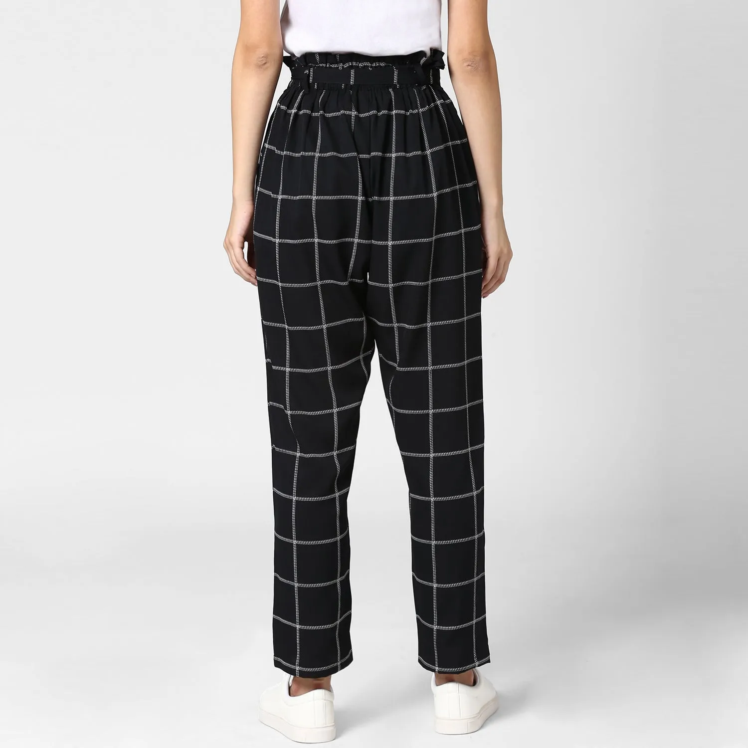 Women's Black and White Check Paperbag Pants with elasticated waistband - StyleStone