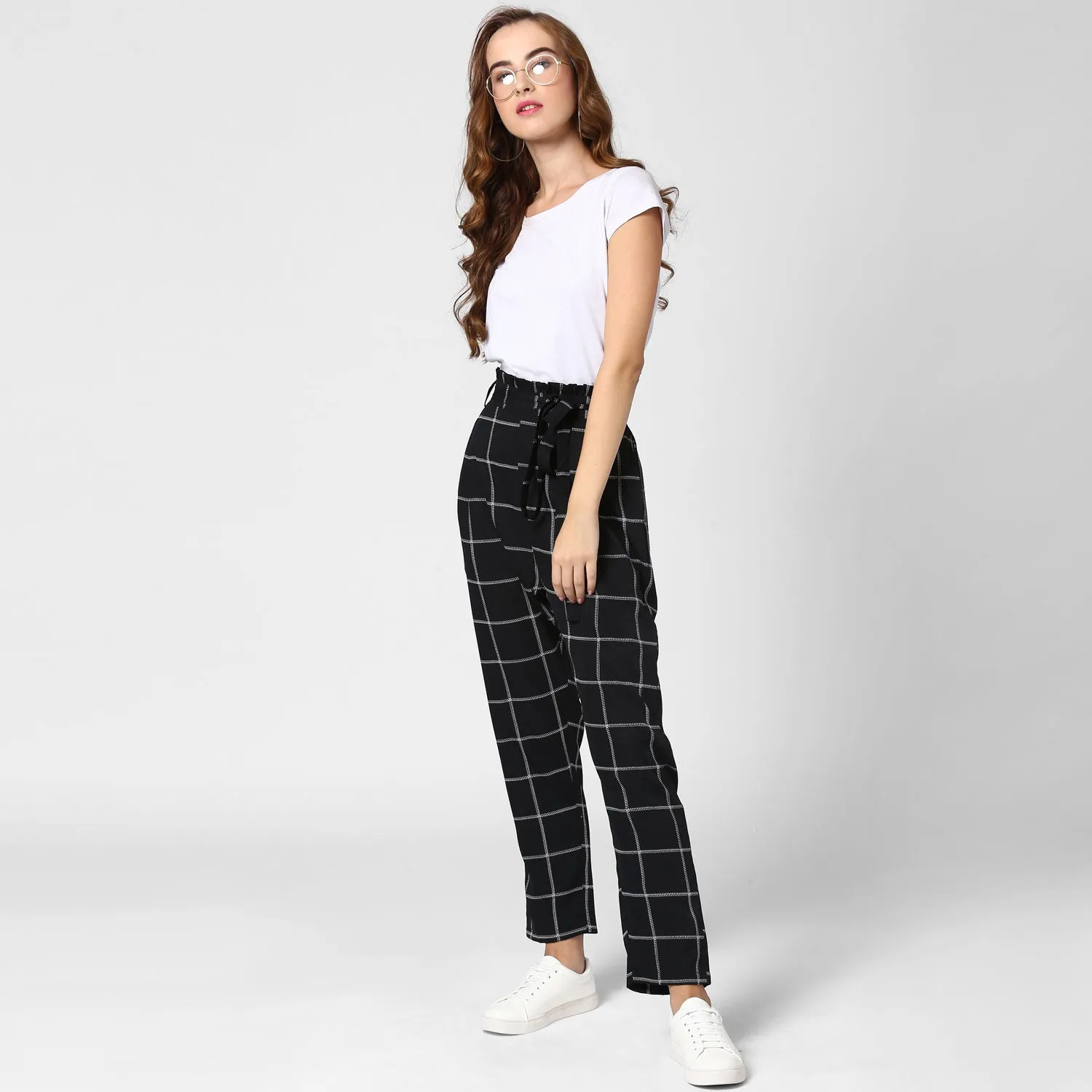 Women's Black and White Check Paperbag Pants with elasticated waistband - StyleStone