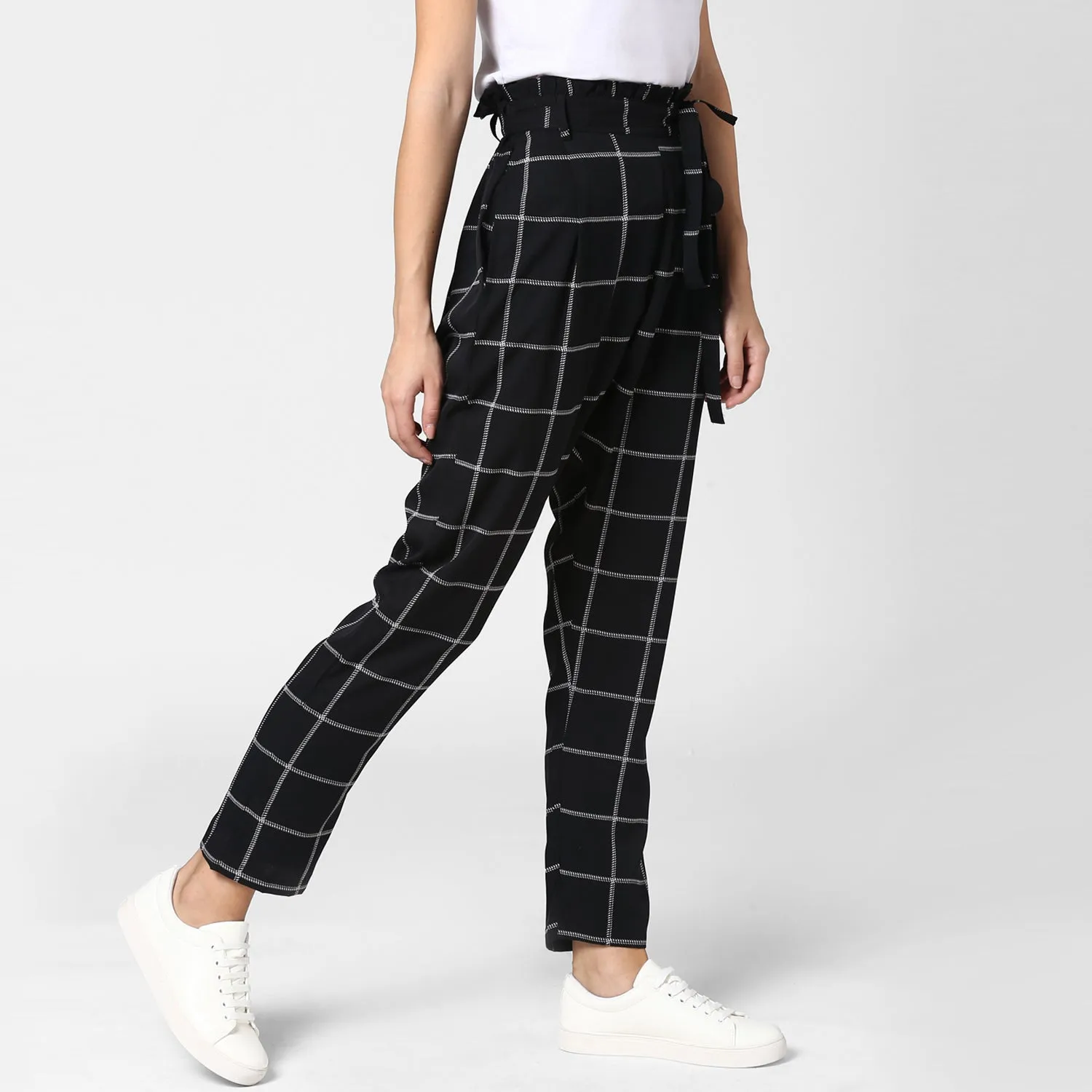 Women's Black and White Check Paperbag Pants with elasticated waistband - StyleStone