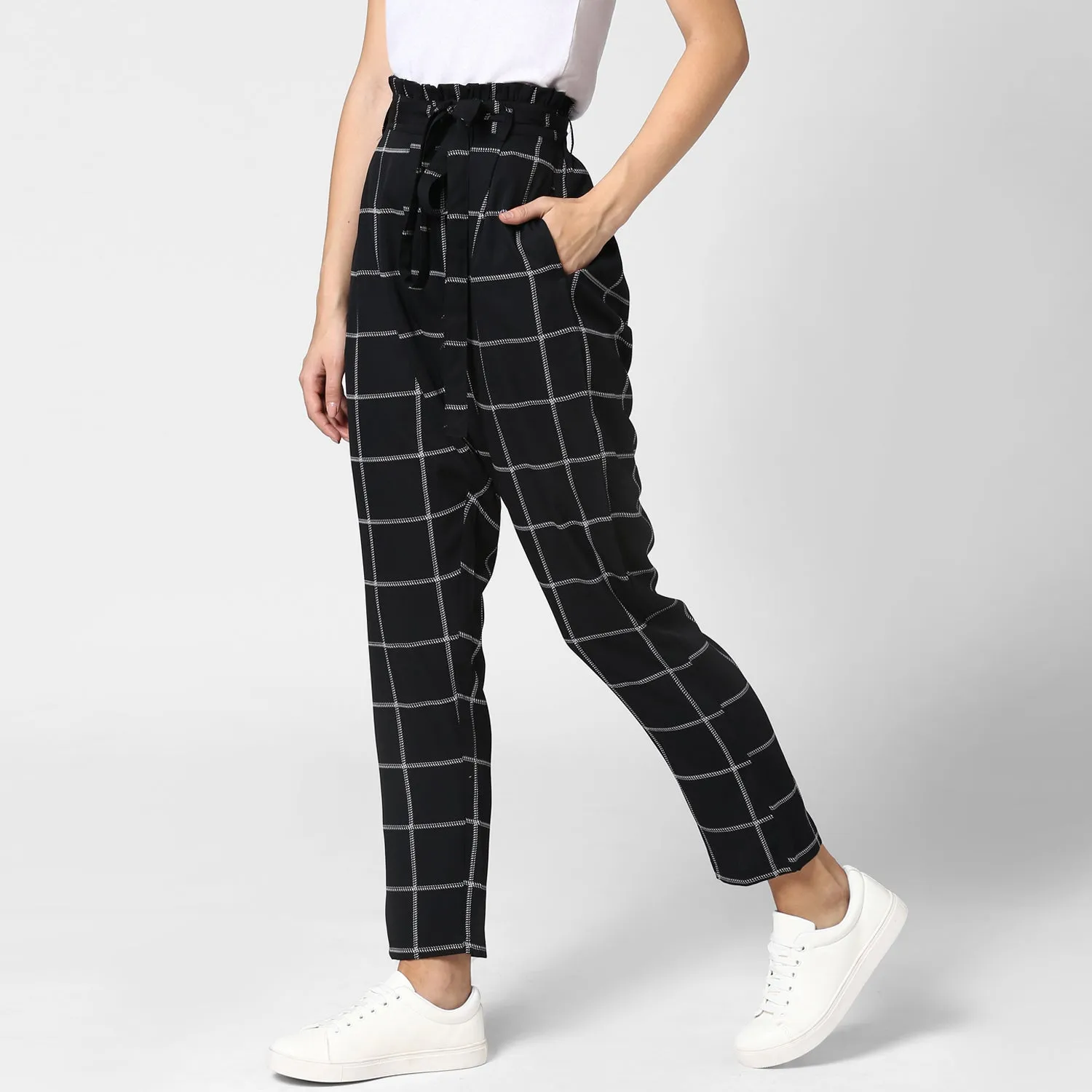 Women's Black and White Check Paperbag Pants with elasticated waistband - StyleStone